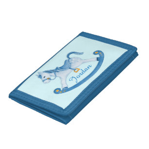 Kids blue rocking horse add your name tri-fold wallet