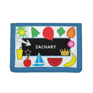 Kids Blue Sailboard Black Chalkboard Star Name Trifold Wallet