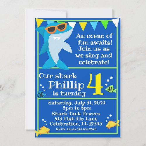 Kids Blue Shark Fintastic Birthday  Invitation