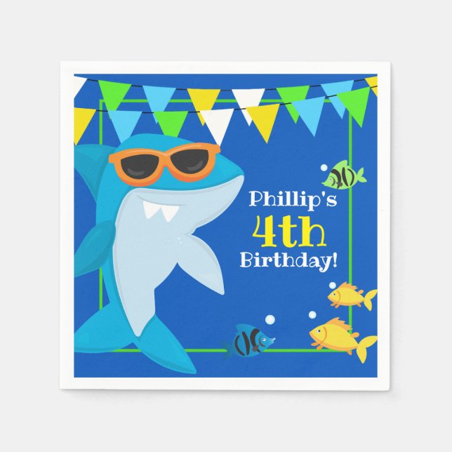 Kids Blue Shark Fintastic Birthday Napkins (Front)