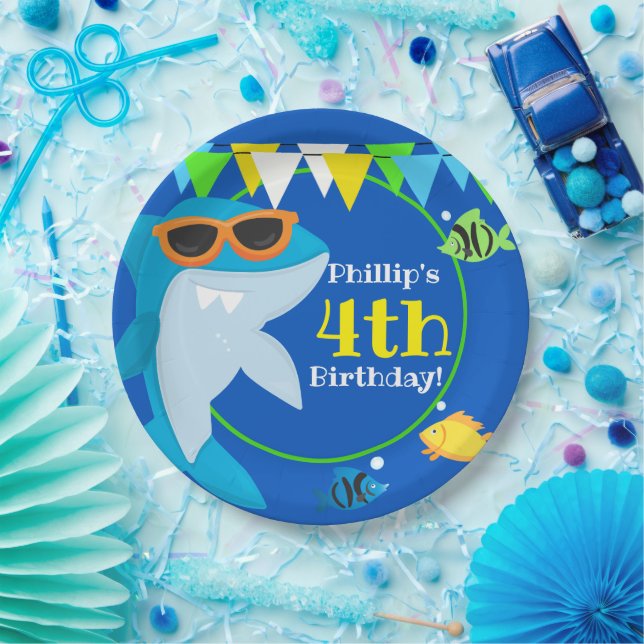 Kids Blue Shark Fintastic Birthday  Paper Plates (Party)