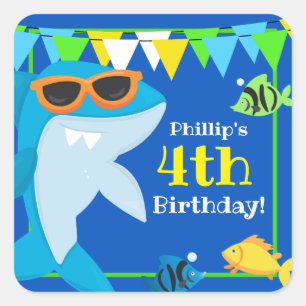 Kids Blue Shark Fintastic Birthday Square Sticker