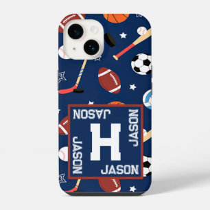 Kids Blue Sports Equipment Pattern iPhone 14 Case