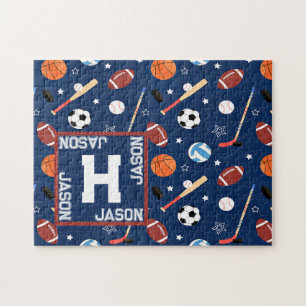 Kids Blue Sports Equipment Pattern Jigsaw Puzzle