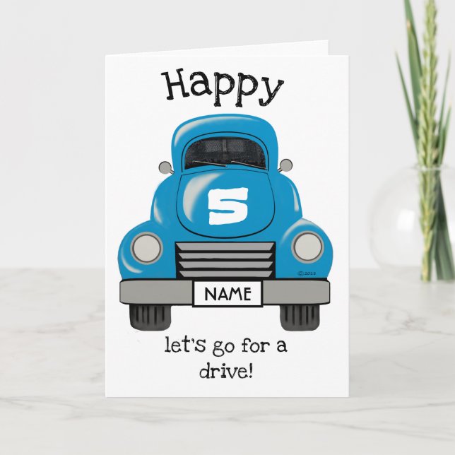 Kids Blue Truck Personalized Name, Birthday Card (Front)