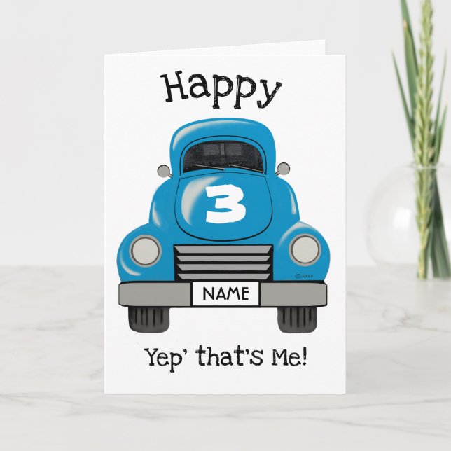 Kids Blue Truck Personalized Name, Birthday Card (Front)