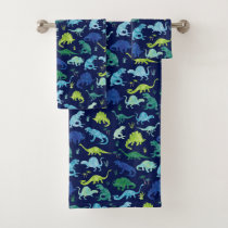 Kids Blue Watercolor Dinosaur Pattern Boys Bath Towel Set