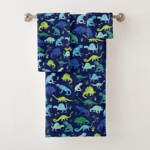 Kids Blue Watercolor Dinosaur Pattern Boys Bath Towel Set