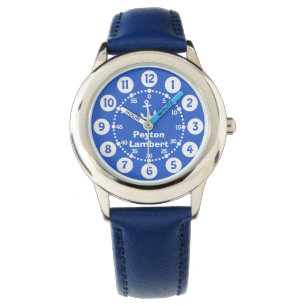 Kids blue & white anchor full name wrist watch