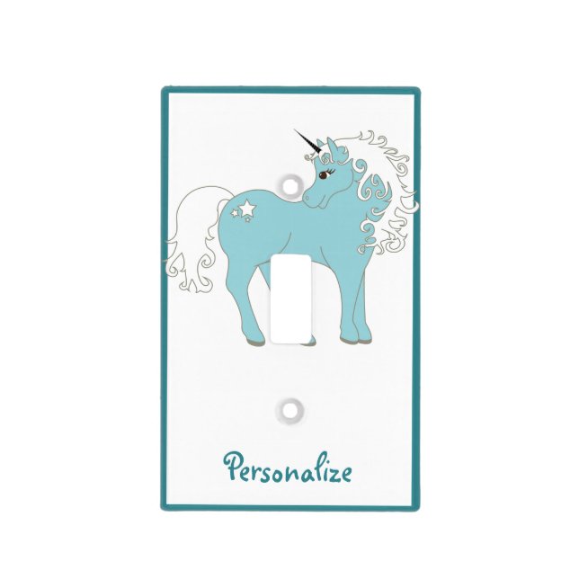 Kids Blue & White Unicorn Personalize Light Switch Cover (Front)