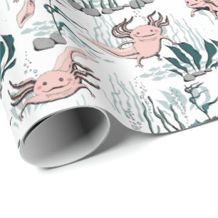 Kids Blush Pink & Green Underwater Axolotl Drawing Wrapping Paper