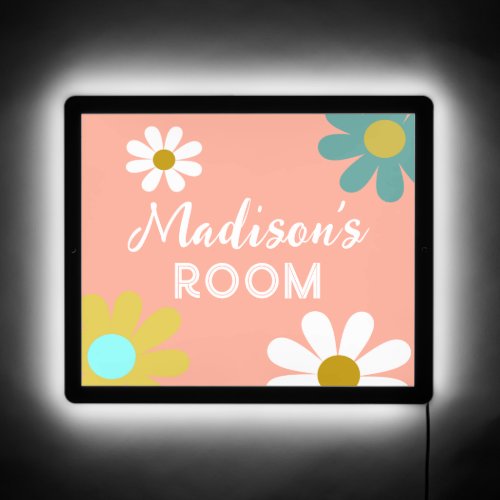 Kids Boho Retro Daisy Modern Personalized Bedroom LED Sign