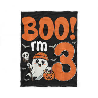 Kids Boo I'm 3 Halloween Spooky Pumpkin 3rd Birthd Fleece Blanket