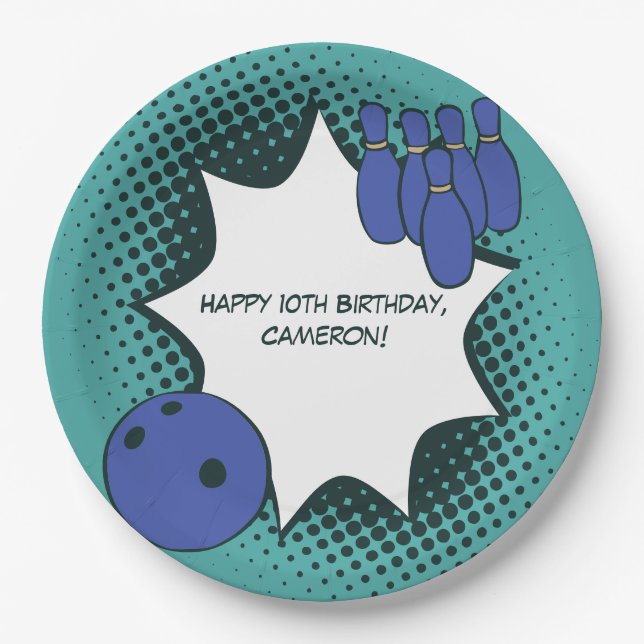 Kids Bowling Party Happy 10th Birthday Name Paper Plates (Front)