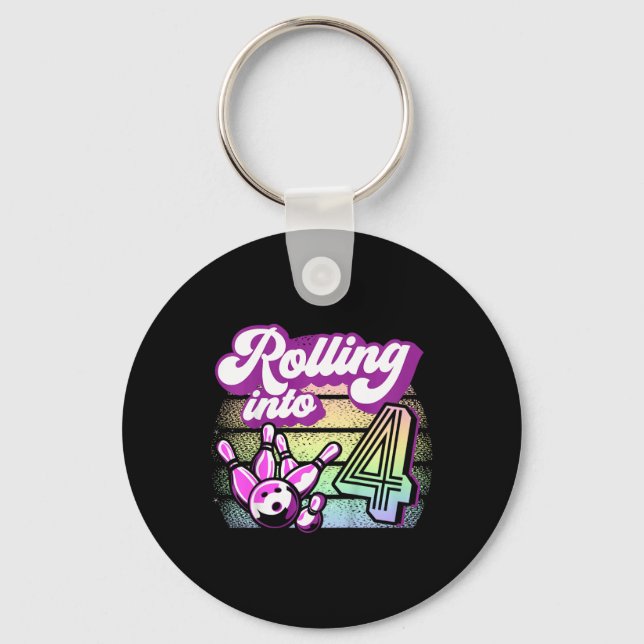 Kids Bowling Party Rolling Into 4 Bowling Birthday Keychain (Front)