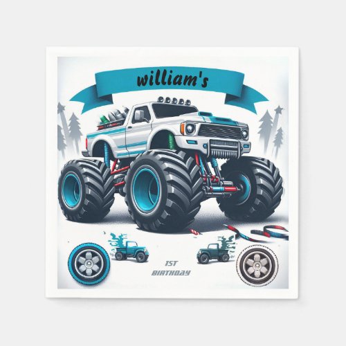 kids boy cars cool monster truck 1st birthday napkins