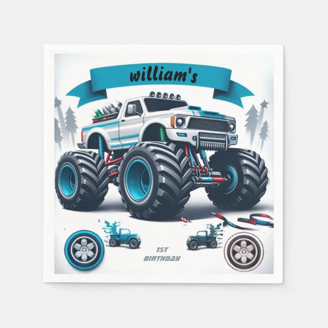 kids boy cars cool monster truck 1st birthday napkins (Front)