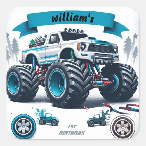 kids boy cars cool monster truck 1st birthday square sticker