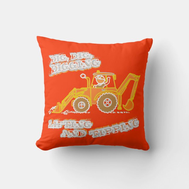 Kids boy digger orange & yellow  throw pillow (Front)