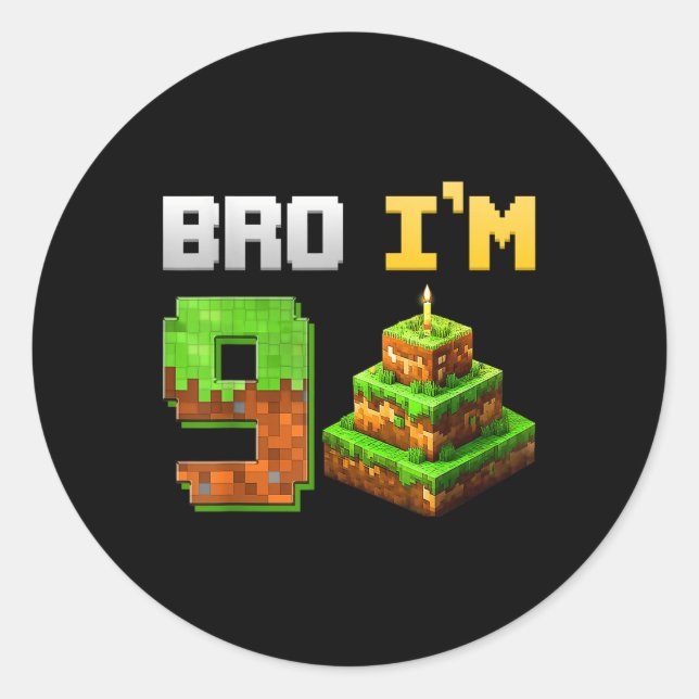 Kids Boy Its My 9th Birthday Bro Game Pixel 9 Year Classic Round Sticker (Front)