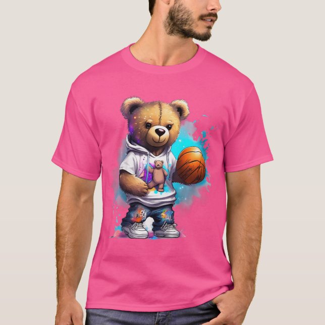 Kids Boys Basketball Teddy Bear Graphic T-Shirt (Front)