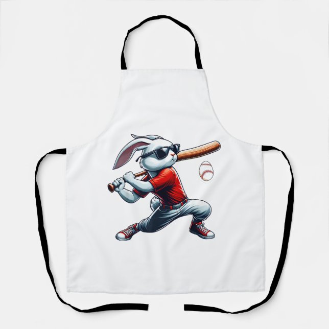Kids Boys Happy Easter Bunny Playing Baseball East Apron (Front)