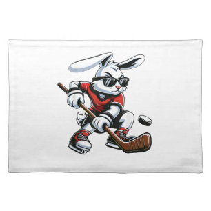 Kids Boys Happy Easter Bunny Playing Hockey Easter Cloth Placemat