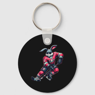 Kids Boys Happy Easter Bunny Playing Hockey Easter Keychain
