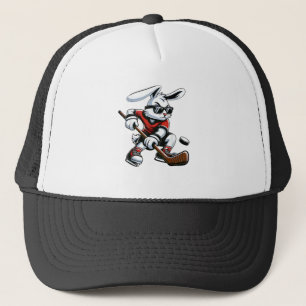 Kids Boys Happy Easter Bunny Playing Hockey Easter Trucker Hat