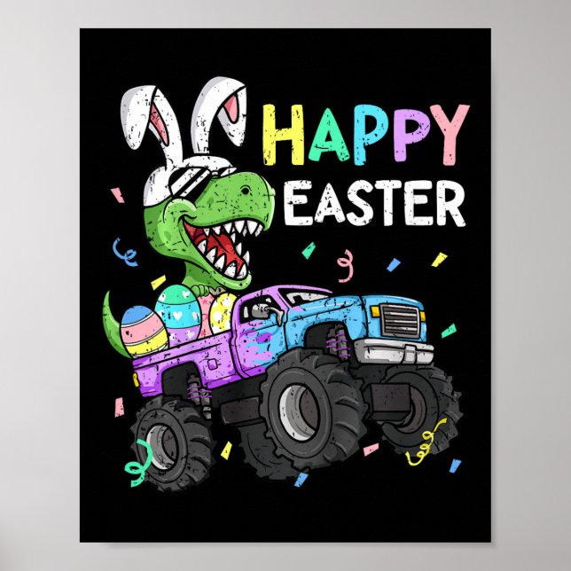 Kids Boys Happy Easter T-rex Bunny Monster Truck R Poster (Front)