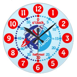 Boys learn to tell time blue red space clock