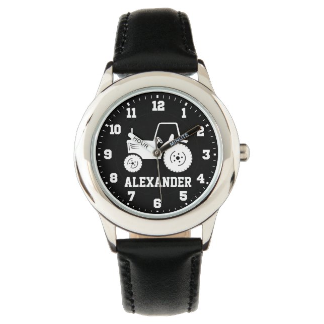 Kids boys name grey black tractor wrist watch (Front)