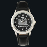 Kids boys name grey black train wrist watch<br><div class="desc">Graphic art kids watch featuring a graphic grey steam train on a black background with white clock numbers. Customise with your name currently reads Alexander.</div>