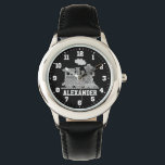 Kids boys name grey black train wrist watch<br><div class="desc">Graphic art kids watch featuring a graphic grey steam train on a black background with white clock numbers. Customise with your name currently reads Alexander.</div>