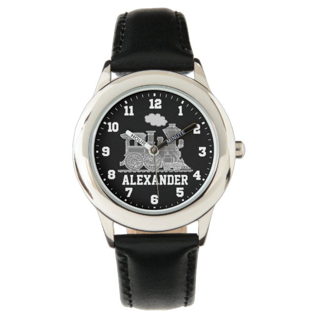 Kids boys name grey black train wrist watch (Front)