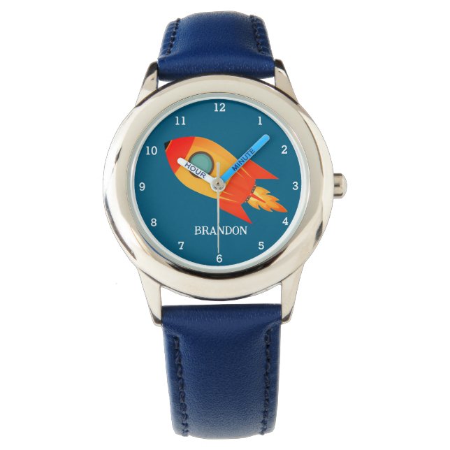 Kids Boys Rocket Space Blue Astronaut Name Watch (Front)