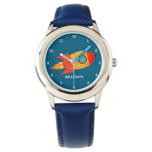 Kids Boys Rocket Space Blue Astronaut Name Watch (Front)