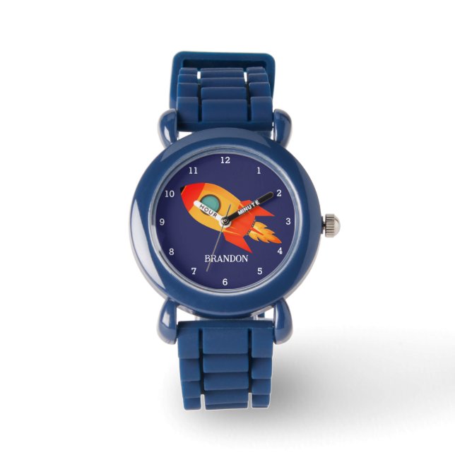 Kids Boys Rocket Space Blue Astronaut Name Watch (Front)