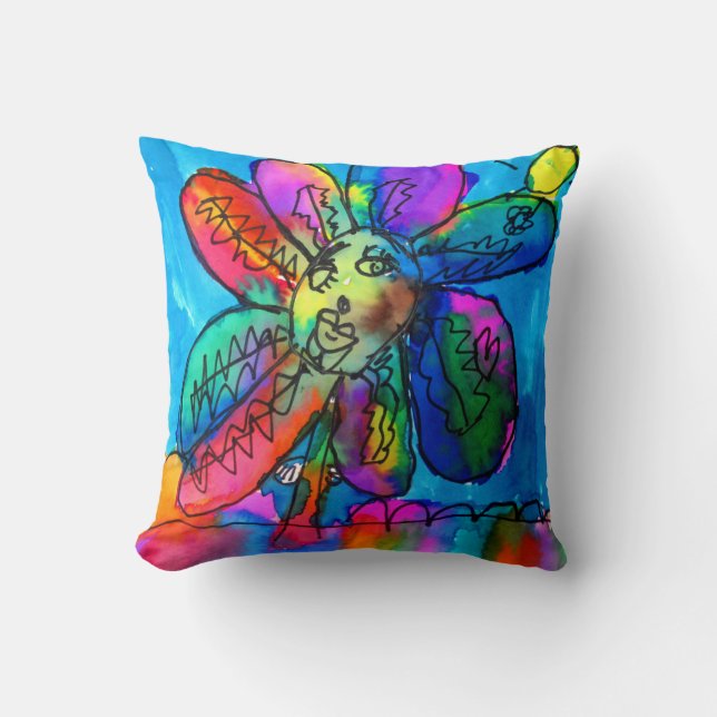 Kids bright flower ink art blue and pink throw pillow (Front)