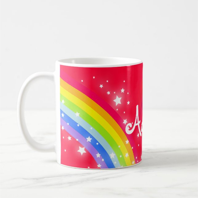 Kids bright rainbow red name mug (Left)