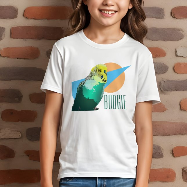 Kids Budgie Love Retro Blue Geometric Pet Bird Tri-Blend Shirt (Kids' budgie t-shirt with cool retro geometric design and aqua budgerigar for pet bird lovers)