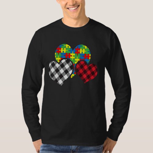 Kids Buffalo Plaid Heart Puzzle Piece Autism Aware T_Shirt