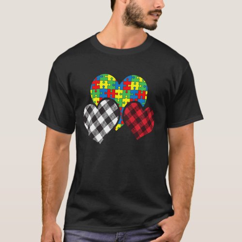 Kids Buffalo Plaid Heart Puzzle Piece Autism Aware T_Shirt