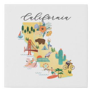 Kids California State Illustrated Map Art Faux Canvas Print