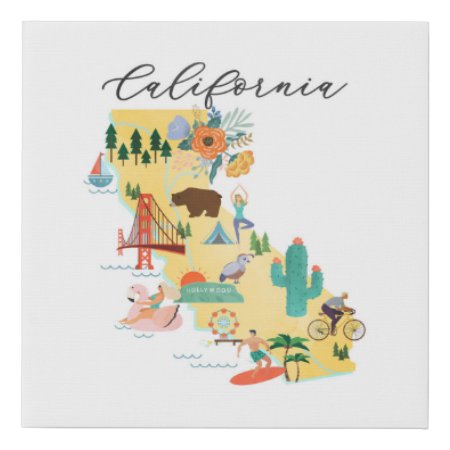 Kids California State Illustrated Map Art Faux Canvas Print