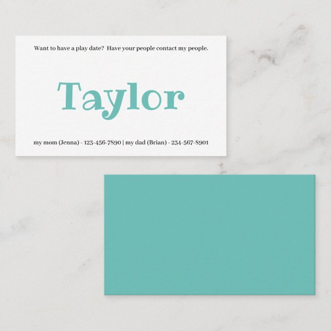 Kids Calling Card Play Date Playdates Girl or Boy (Front/Back)