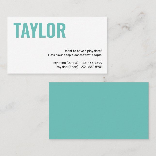 Kids Calling Card Play Date Playdates Girl or Boy (Front/Back)