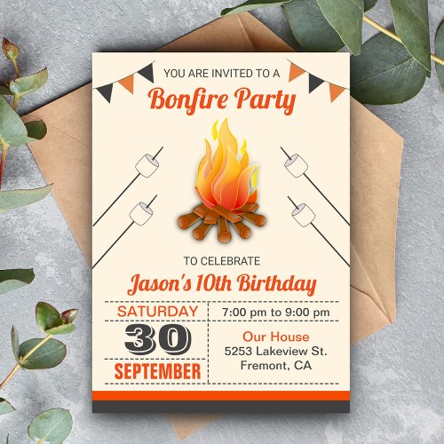 Kids Camp Out Bonfire Birthday Party Invitation