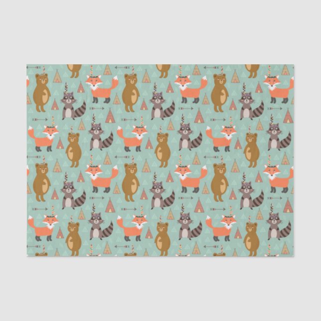 Kids Camping Outside Raccoon Fox Brown Bear  Tissue Paper (Front)