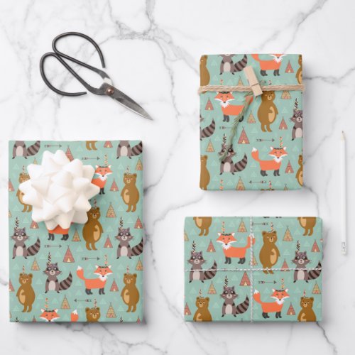 Kids Camping Outside Raccoon Fox Brown Bear Wrapping Paper Sheets